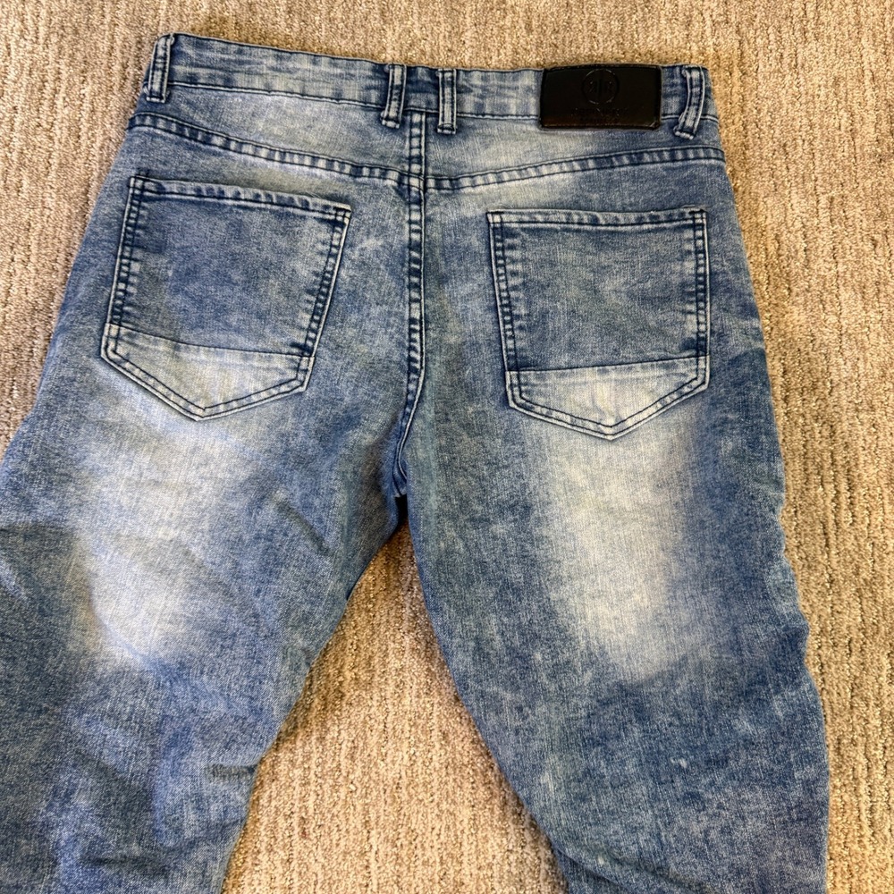 Refinery Republic Mens 32x32 Moto Distressed Acid Wash Blue Denim Biker Jeans